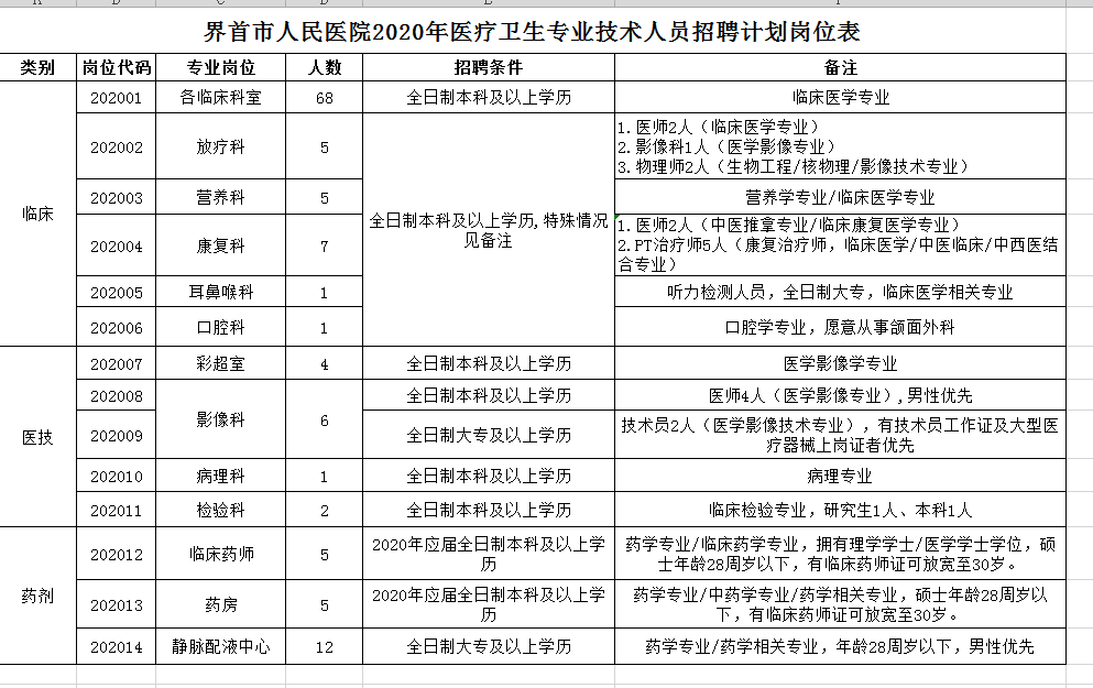 2020年阜陽(yáng)界首市人民醫(yī)院醫(yī)療衛(wèi)生專業(yè)技術(shù)人員招聘計(jì)劃崗位表